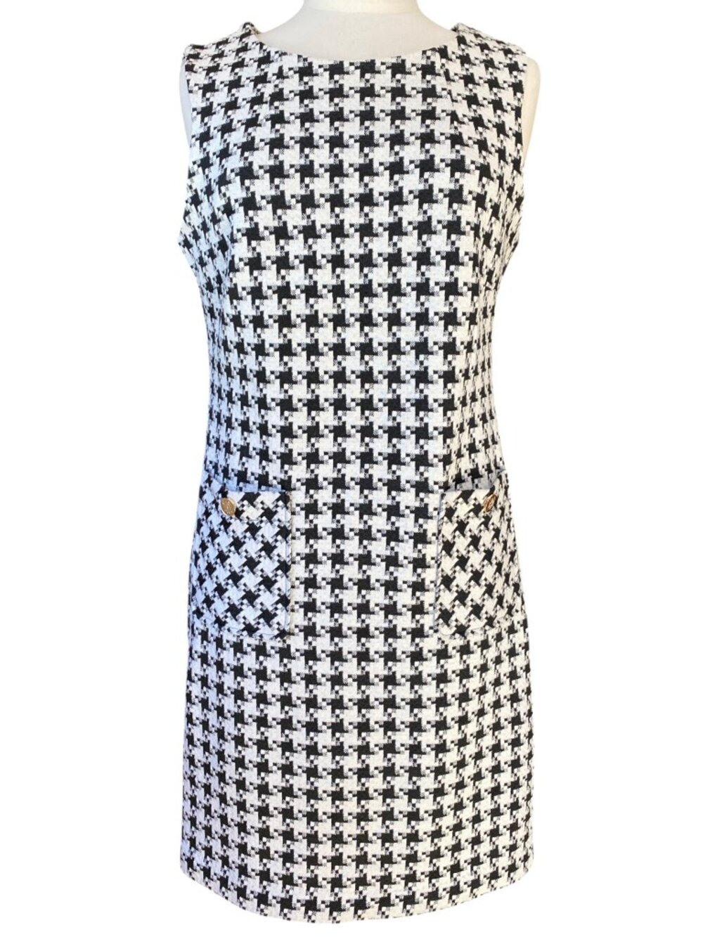 Tommy Hilfiger Houndstooth Sleeveless Dress Golds Buttons Pocket Black Preppy-10